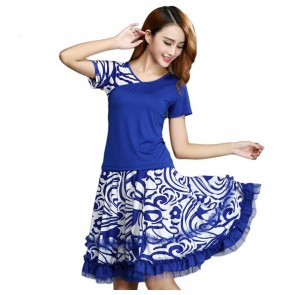Royal Blue and white patchwork printed floral short sleeves women's ladies female competition gymnastics latin salsa cha cha dance dresses outfit sets